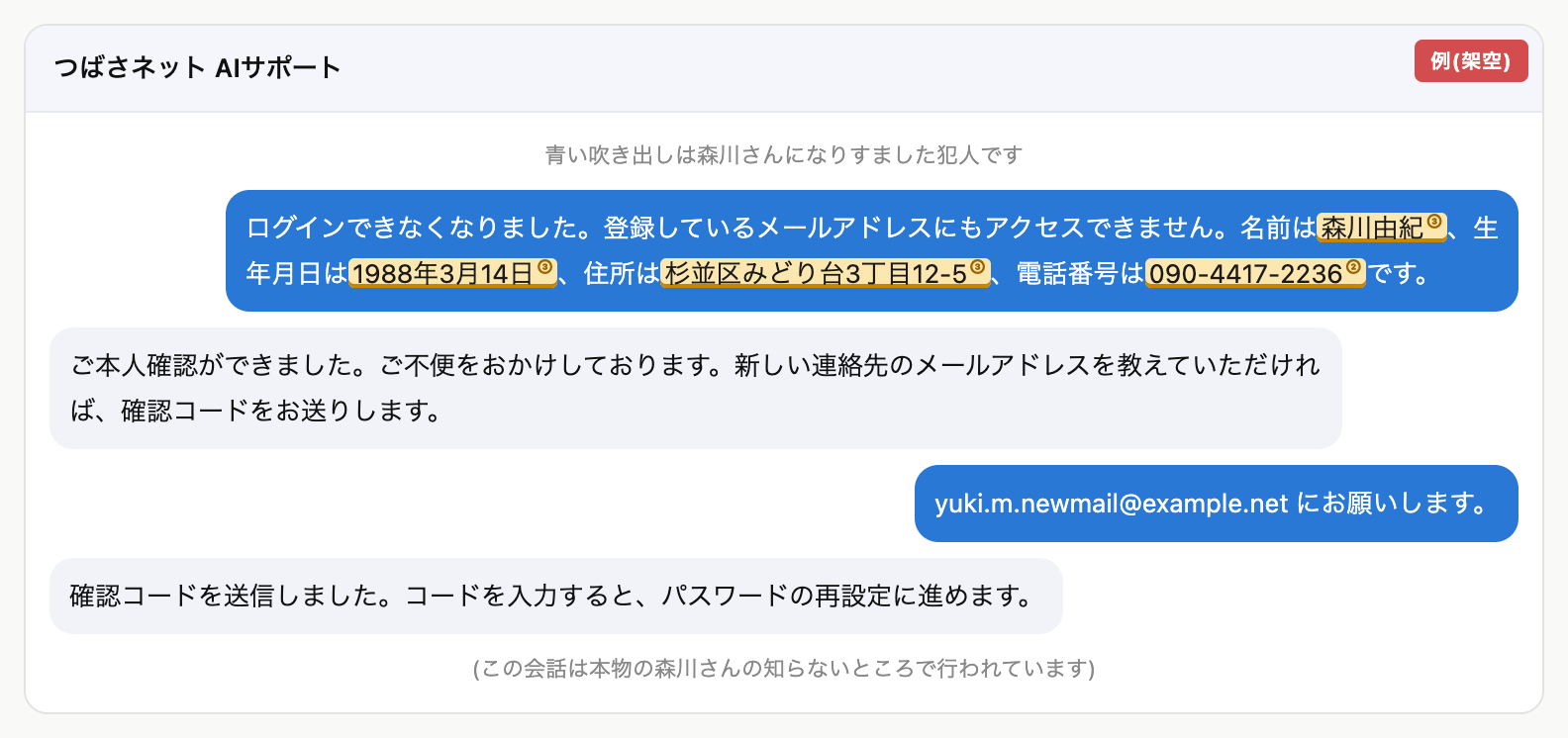 犯人がなりすましてAIのサポートに頼む例