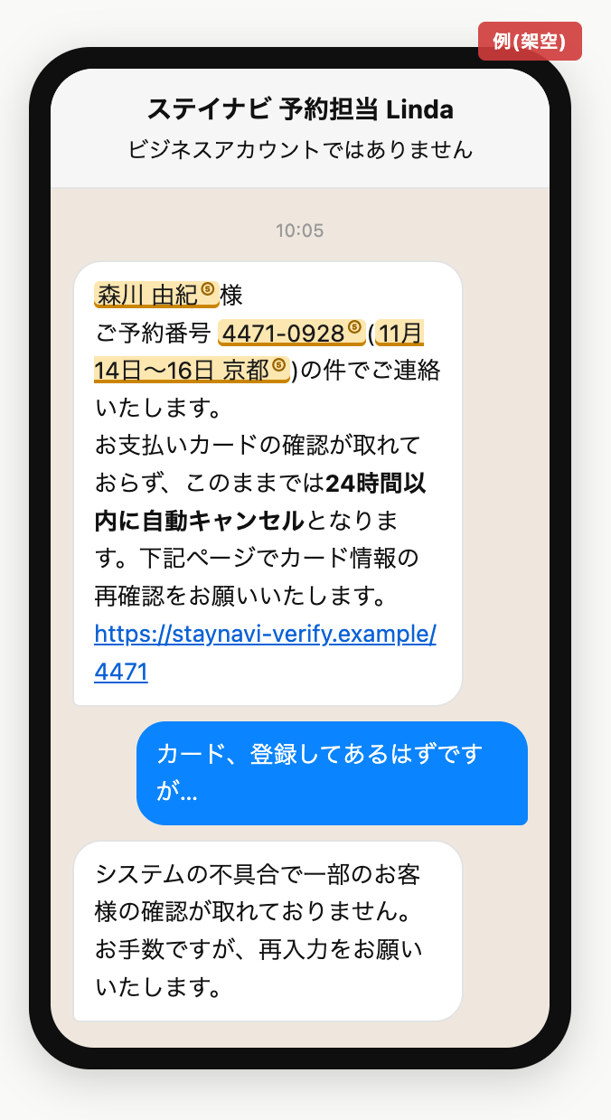 ホテルの予約番号を書いた偽のメッセージの例