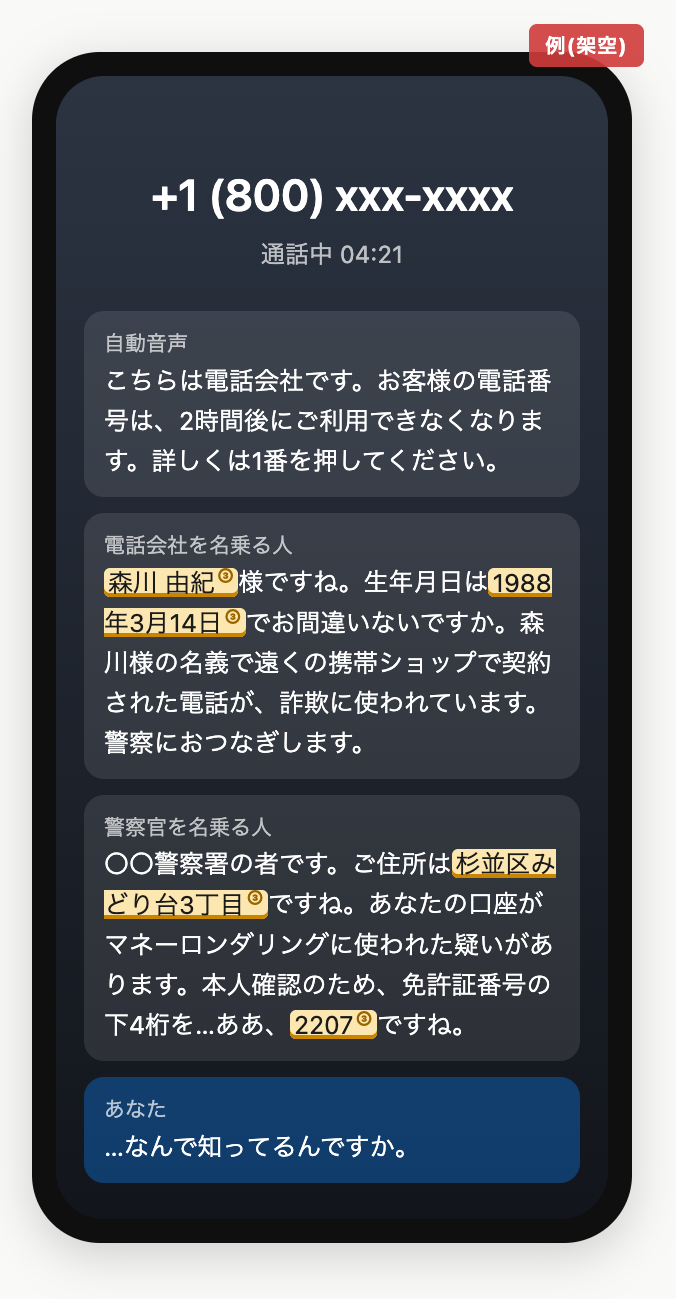 自分の情報を言い当てる警察を名乗る電話の例