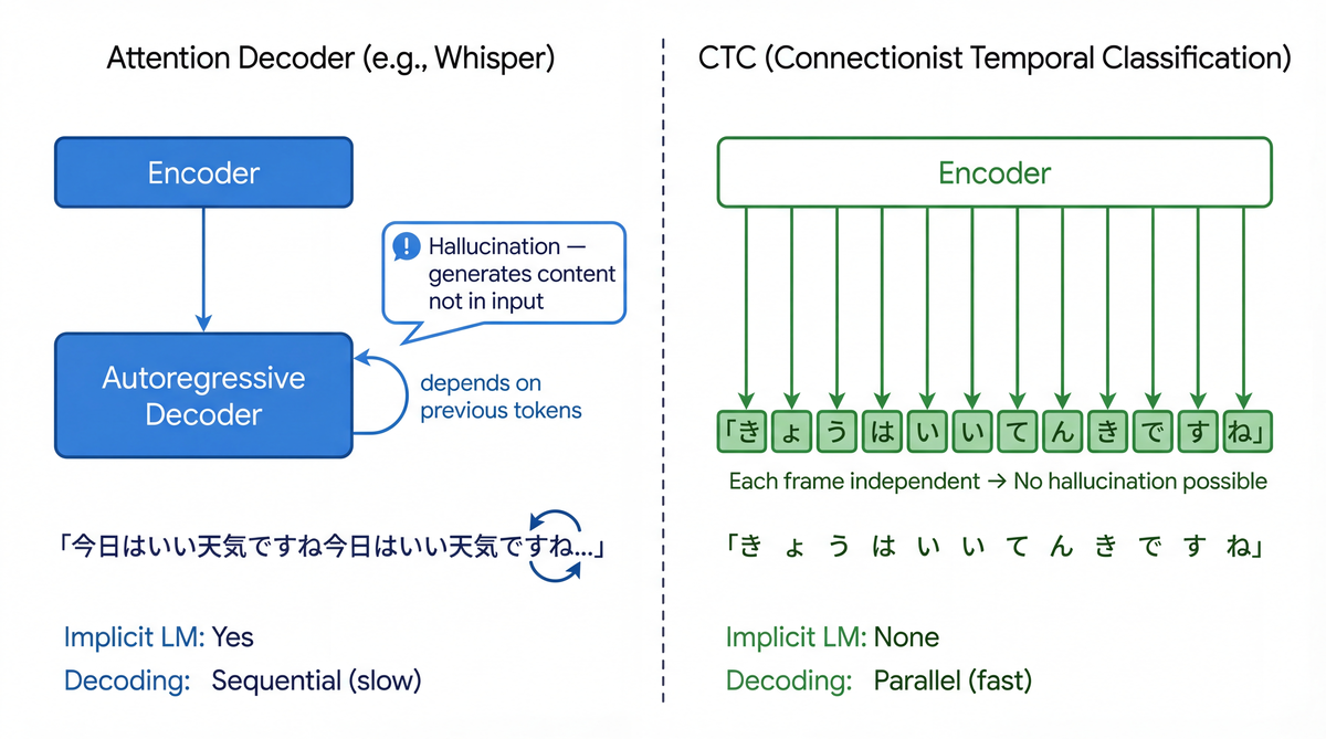 Attention Decoder vs CTC の比較 — Attention Decoderはautoregressiveループにより入力にない内容を生成しうるが、CTCは各フレームが独立に出力するためハルシネーションが構造的に起きない