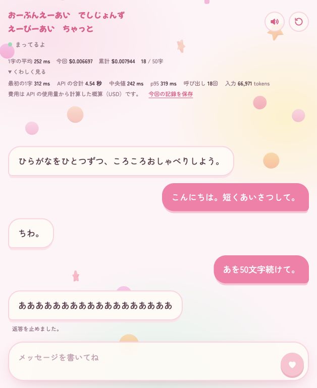 短いあいさつと、同じ文字の繰り返し